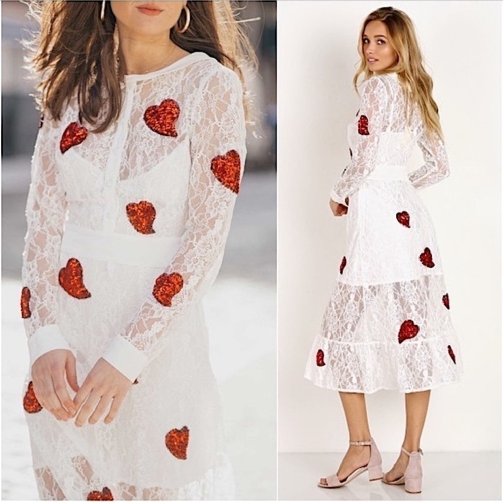 Free People White Lace Dress Hearts – Rare – Valentine’s/Party – Size S